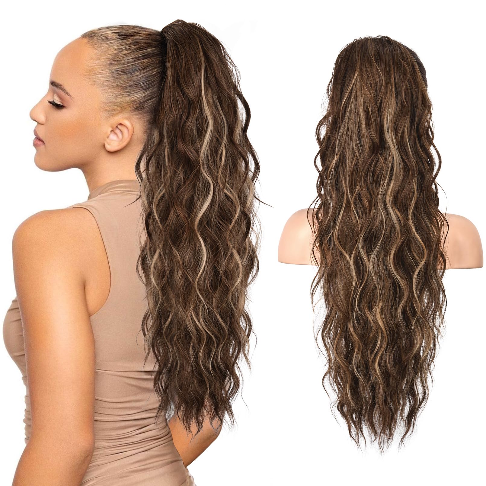 REECHO Ponytail Extension, 26" Long Beach Wave Drawstring Pony Hair Extension Synthetic Pony Tail Hairpiece for Women - Chestnut Brown with Golden Highlights