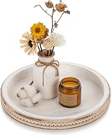 Hanobe Round Wood Tray White Beaded Decorative Centerpiece 30cm view 1