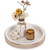 Hanobe Round Wooden Decorative Tray: White Washed Bead Tray Decor for Coffee Table Centerpiece Rustic Farmhouse Tray for Kitchen Counter Living Room Easter Decoration