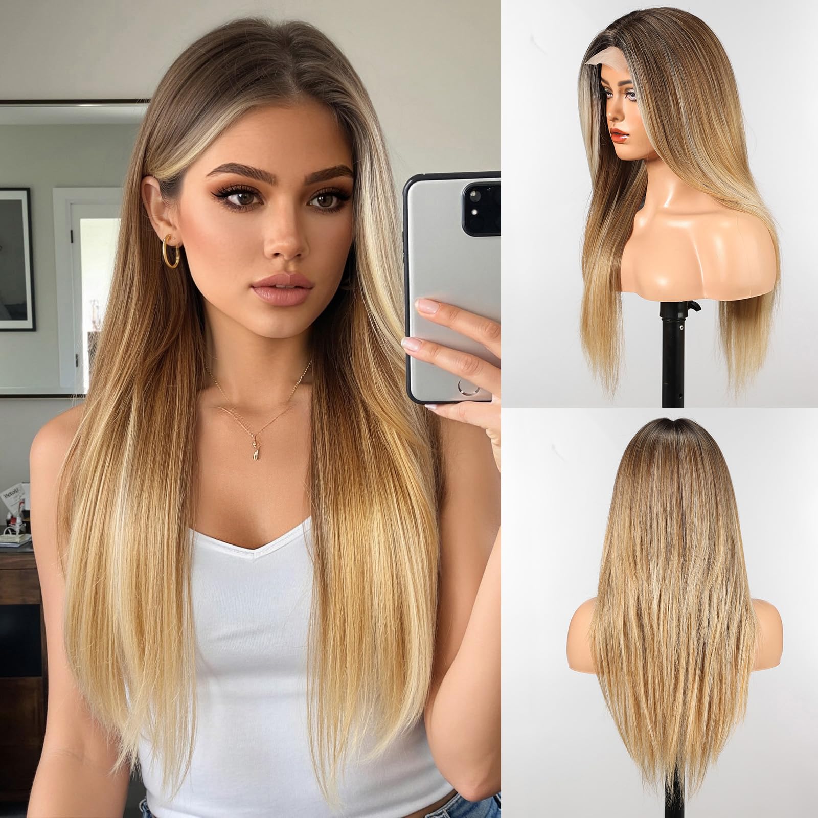 WOKESTAR Long Wigs for Women Synthetic Heat Resistant Hair with Fringe Natural Wigs for Daily Use Mixed Blonde Color