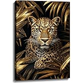 Leopard Canvas Wall Art Gold Leaves Picture Black Poster African Theme Jungle Animal Painting Prints for Living Room Bathroom Bedroom Modern Home Office Decor Framed(Leopard-3,12.00x18.00 inch)