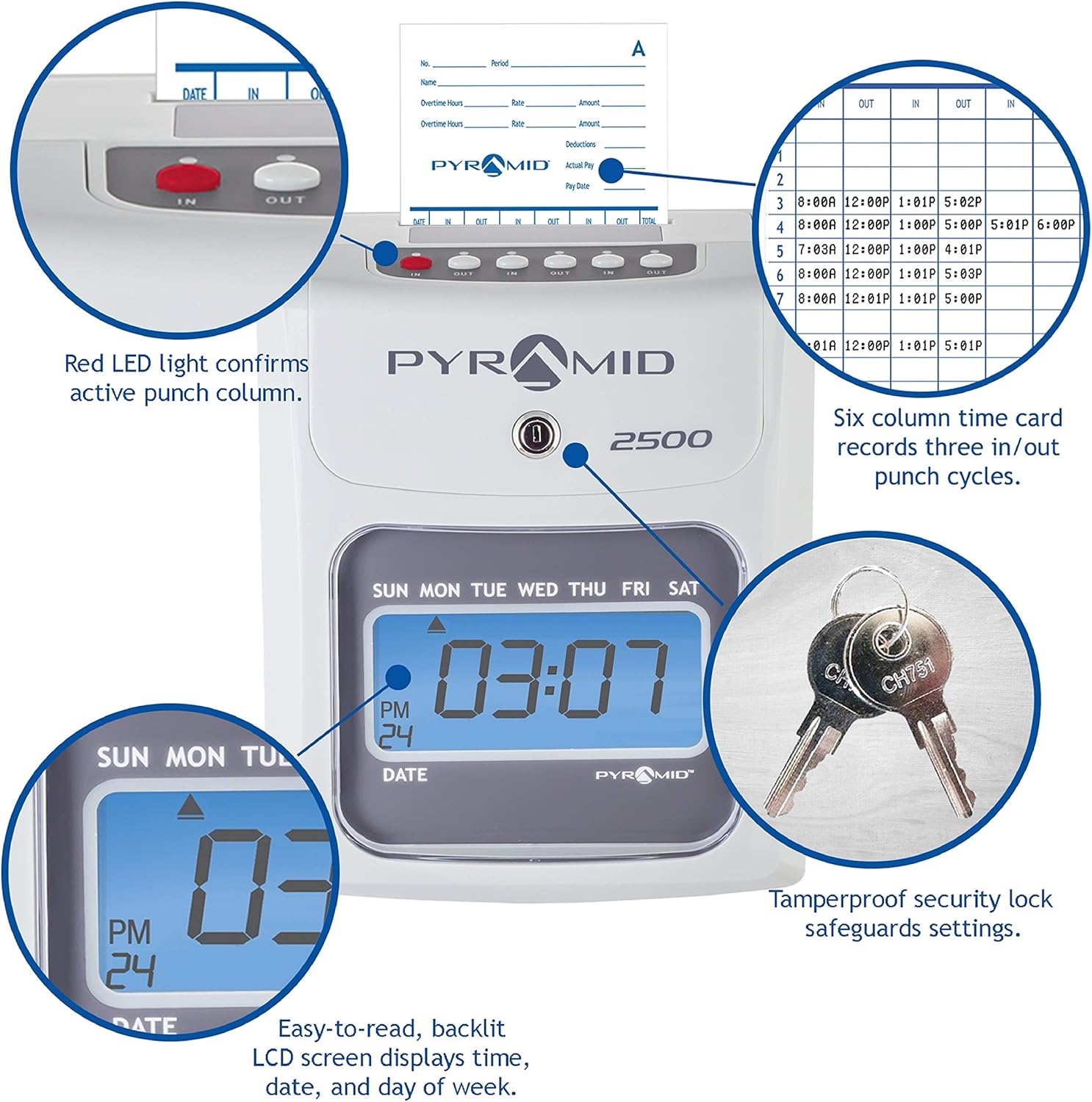 Pyramid Time Systems 2500K1 Bundle, Includes Model 2500 Auto Aligning and Top Loading Time Clock, 100 time Cards, Two Ink Ribbon cartridges, one 10 Slot time Card Rack and Two Security Keys : Office Products