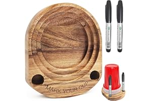YAQUHO Party Cup Holder with Marker Slot, Acacia Wood Bathroom Cup Dispenser Mark Your Cup and Drink Up, Hosting Essential to Prevent Mix-Ups & Mark Your Cup for Birthdays, BBQs, Holiday Events
