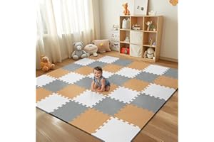 PIGLOG 36Pcs Baby Play Mat for Floor, Foam Floor Tiles for Kids with Interlocking, Squares Foam Puzzle Carpet for Playroom,Crawling Rug for Babies 6-12 Months,Toddlers,11.8*11.8*0.6In Each,Grey White Brown