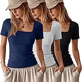Ficerd 3 Pack Women's Square Neck Shirts, Short Sleeve Slim Fit Tops Scoop Neck Summer Casual Basic T-Shirts Tee