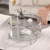 Lasadelgar 28" Silver Round Glass Round Coffee Table for Living Room | Tempered Glass Chrome Frame Modern Acrylic Legs Circle Center Tables for Kitchen Bedroom Office