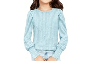 Girls Puff Long Sleeve Shirts Kids Ribbed Knit Blouses Crewneck Pullover Sweater Tops 5-14 Years