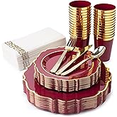 PREM-QUAL Burgundy & Gold Disposable Dinnerware Set for 25 Guests – 175 Pc Heavy Duty Plastic Plates, 25 Cups, Gold Cutlery & Napkins – Elegant Wedding, Thanksgiving, Holiday Party Plates