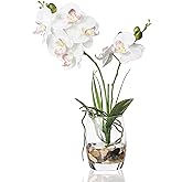 Jusdreen White Orchid Centerpiece in Glass Vase, 14.5 Inch Artificial Phalaenopsis with Potting for Home Office Decor, Table Centerpiece