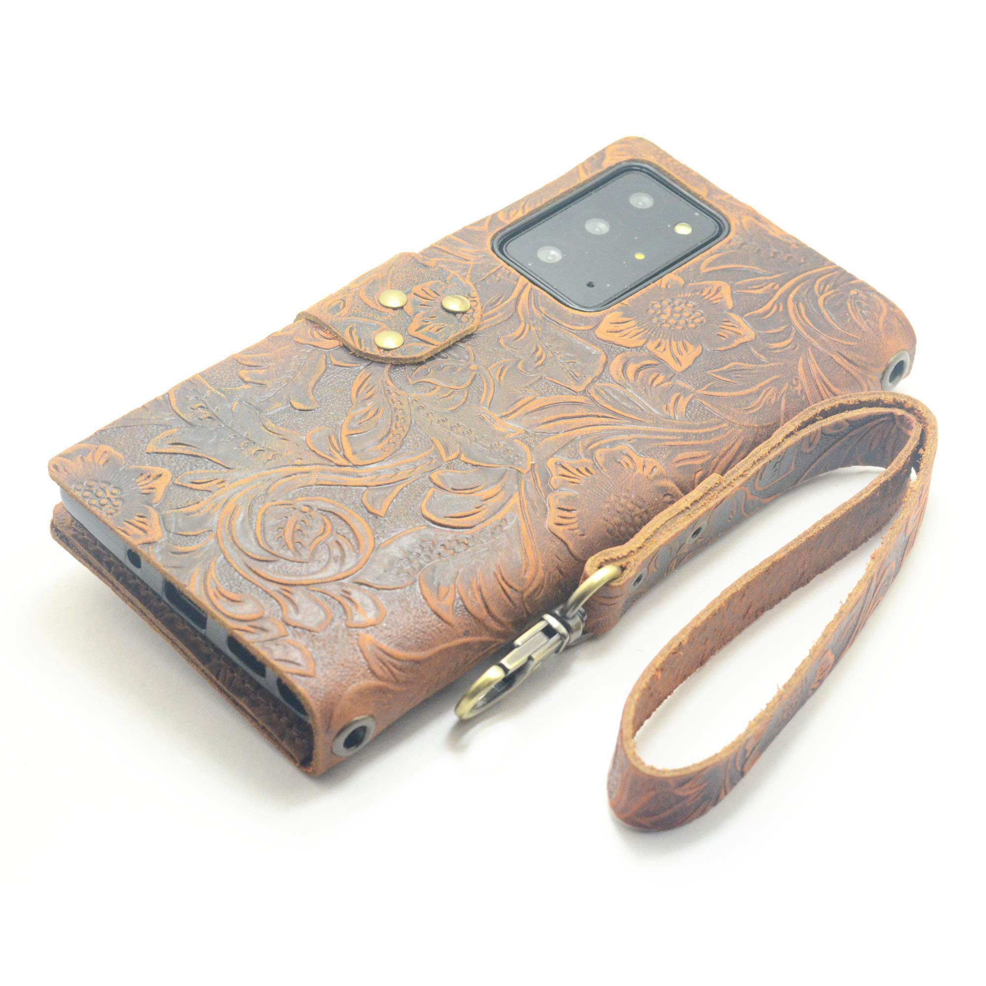 JJNUSA Handmade Genuine Distressed Leather Wallet for Samsung Galaxy Note 20 Ultra Plus 6.9 inch 2020 5G Flip Cover Case Brown