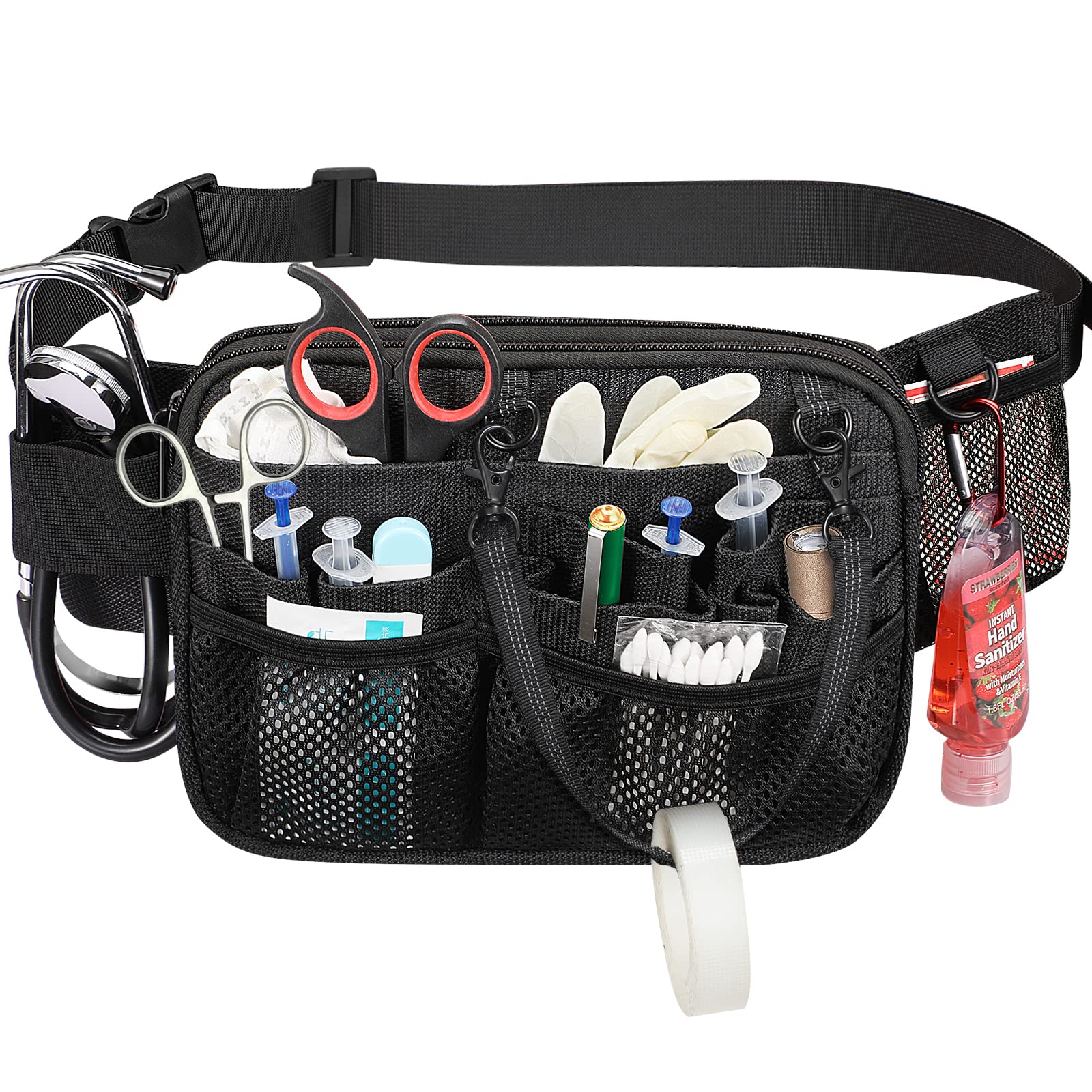 SITHON Nurse Fanny Pack with Tape Holder, Multi Compartment Medical Gear Pocket Nursing Organizer Belt Bag, Apron Hip Bag Utility Waist Pack for Stethoscopes Bandage Scissors Medical Supplies, (Black)