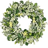Vlorart 24-26 Inch Artificial Spring Summer Greenery Christmas Wreaths for Front Door Green Eucalyptus Leaf Wreath Decor Boxwood with Big Berries for Farmhouse Outside Year Round