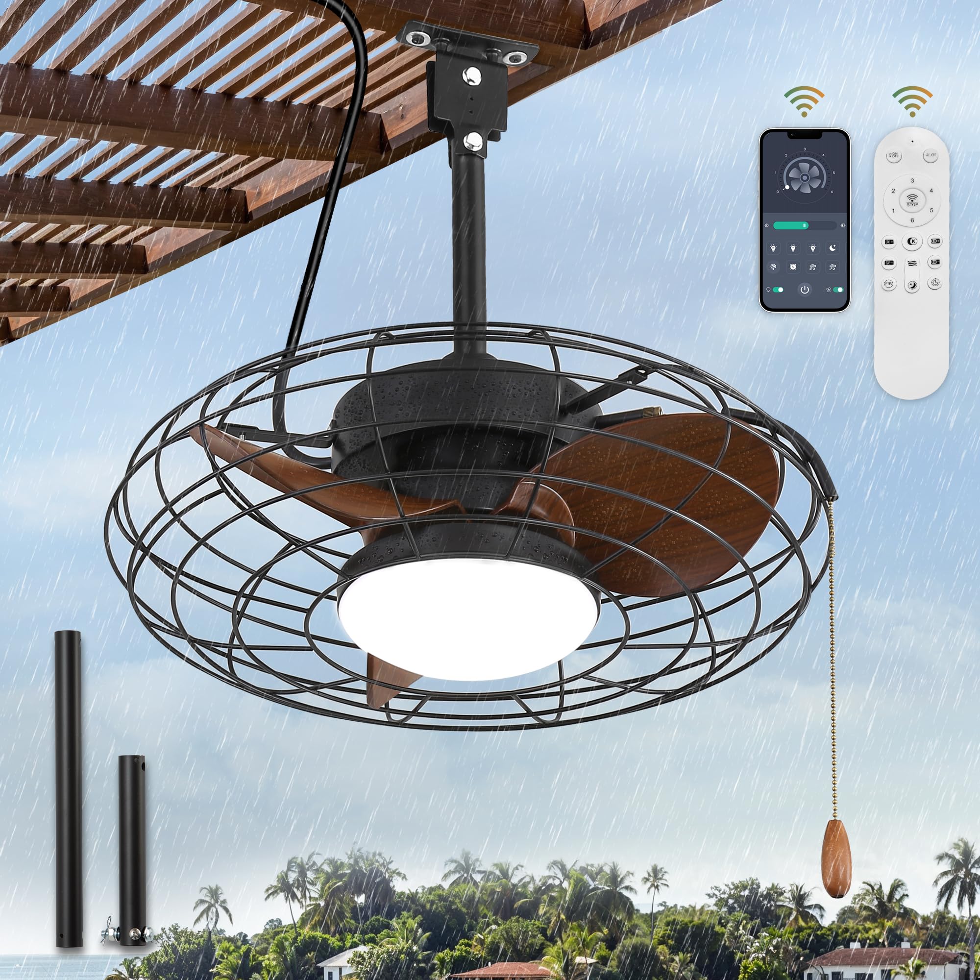 Photo 1 of ZMISHIBO Outdoor Ceiling Fans with Light for Patios, Waterproof Gazebo Fan with Remote Control Smart App,3CCT Dimmable,Plug in Caged Ceiling Fan with Pull Chain for Porch Pergola Canopy,Brown