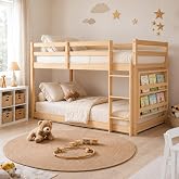 TOLEAD Low Bunk Bed Twin Over Twin, Floor Bunk Bed with Bookshelf&amp;Ladder, Twin Bunk Bed with Full Guardrails, Wooden Bunk Bed for Juniors, Boys, Girls, Kids, Bedrooms (Natural)