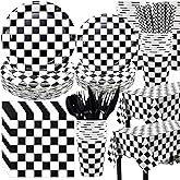 Funnymoom 452 Pcs Checkered Flag Party Supplies for 50 Guests, Black and White Checkered Paper Plates Napkins Cups Tablecloth Cutlery Straws for Race Car Birthday Party Decorations