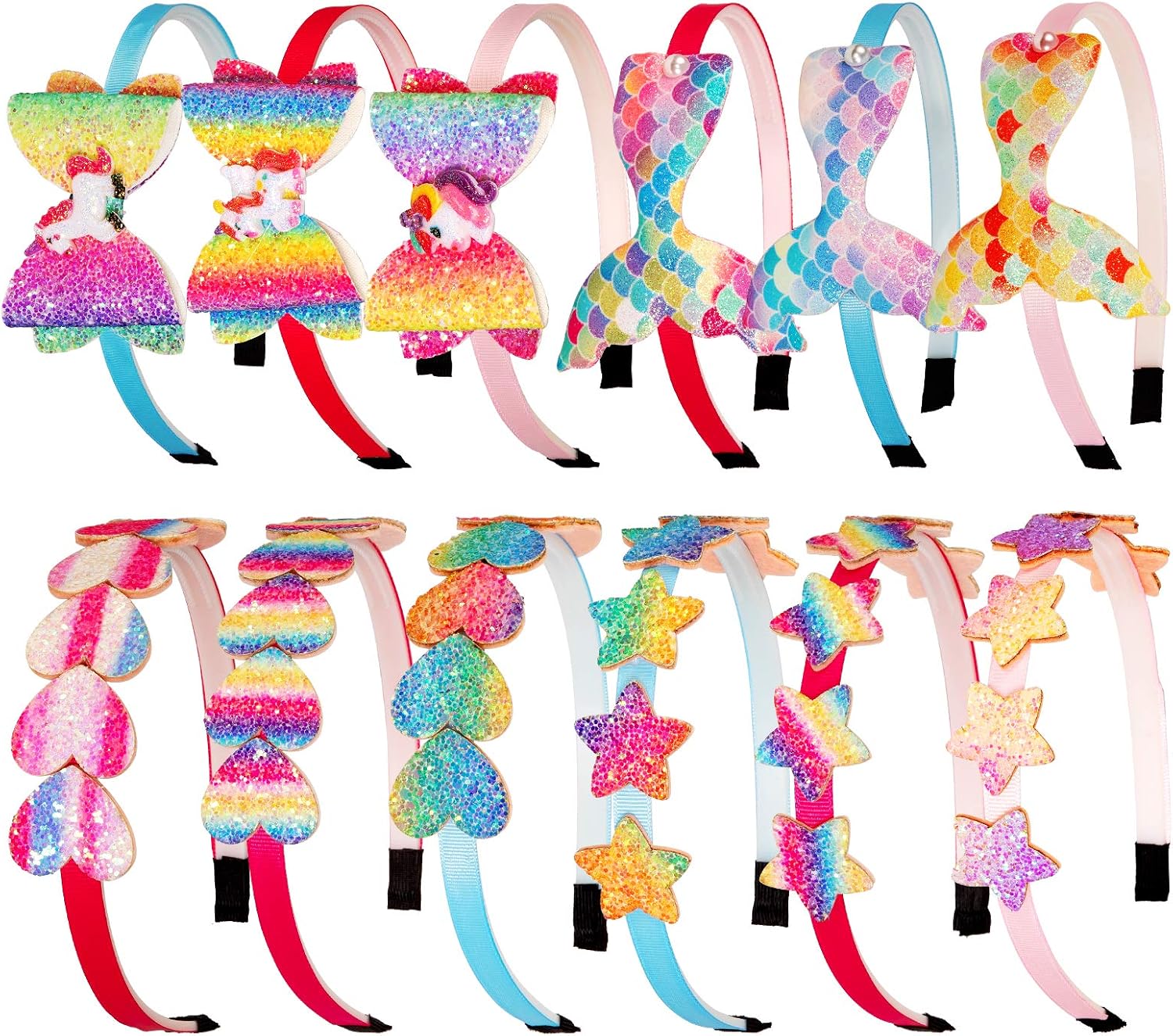 Whaline 12Pack Rainbow Headbands Set Glitter Heart Girls Headbands Rainbow Girls Star Hairbands Glitter Bow Unicorn Hairband Shiny Sequin Printed Mermaid Headband for Girl