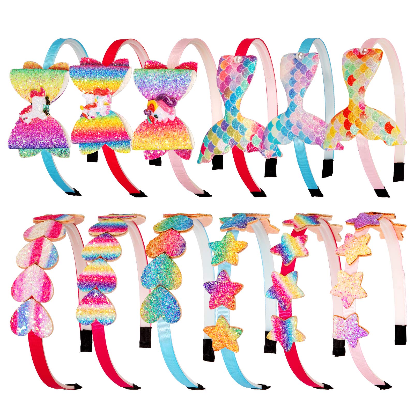 Whaline 12Pack Rainbow Headbands Set Glitter Heart Girls Headbands Rainbow Girls Star Hairbands Glitter Bow Unicorn Hairband Shiny Sequin Printed Mermaid Headband for Girl