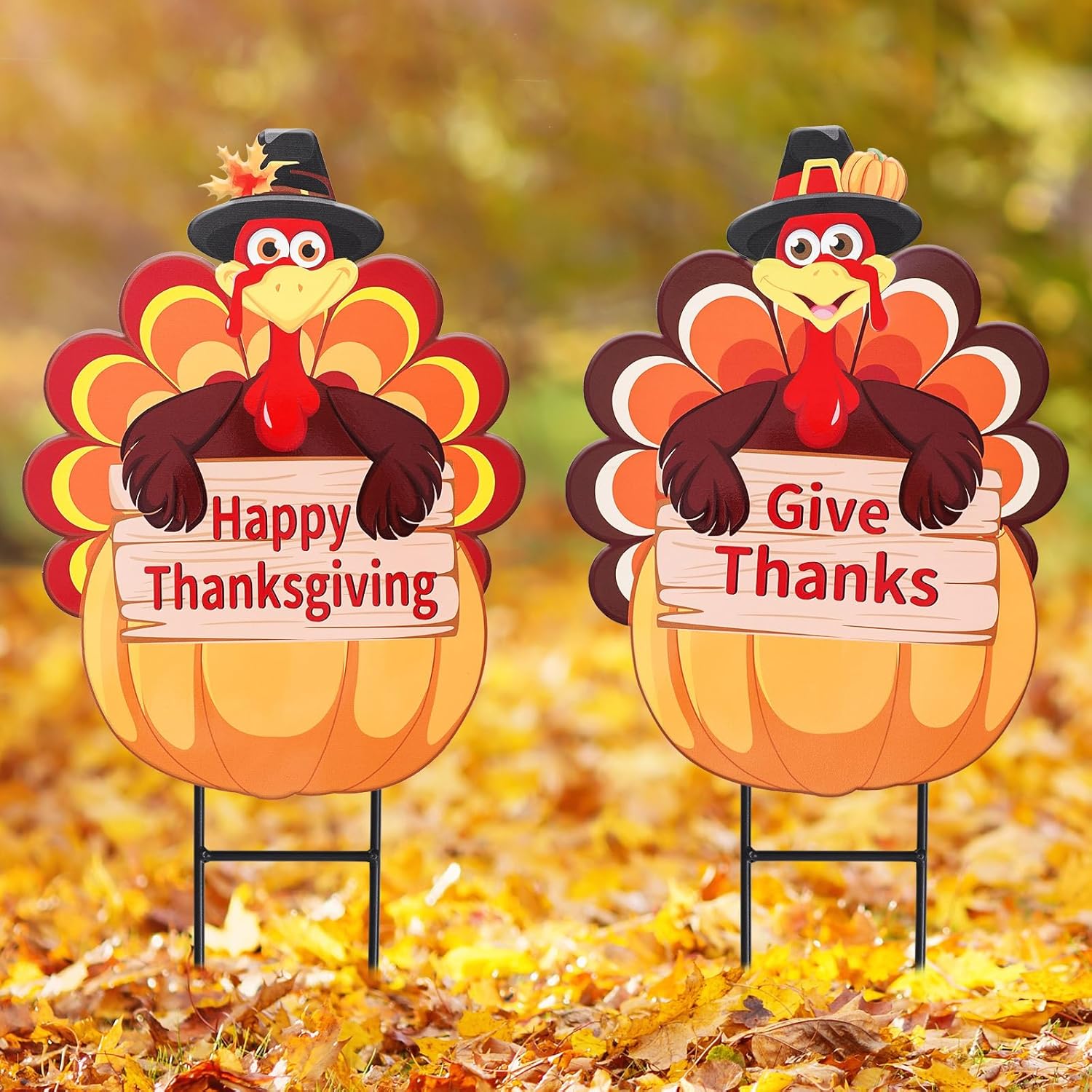 Yard Signs - Whaline 2 Pack Thanksgiving Metal Turkey Decorative Garden Stake Welcome Harvest Turkey Pumpkin Yard Sign Waterproof for Fall Thanksgiving Home Garden Yard Lawn Patio Backyard Walkway Decorations