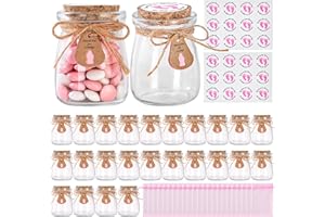 KIVIVO 24 Pcs Baby Shower Party Favors for Guests, Baby Shower Gifts for Guest, 3.4 oz Small Glass Mason Jars with Cork Lids, Stickers, Label Tags, Twine, Organza Bags, Mini Candy Jar Favors for Girls