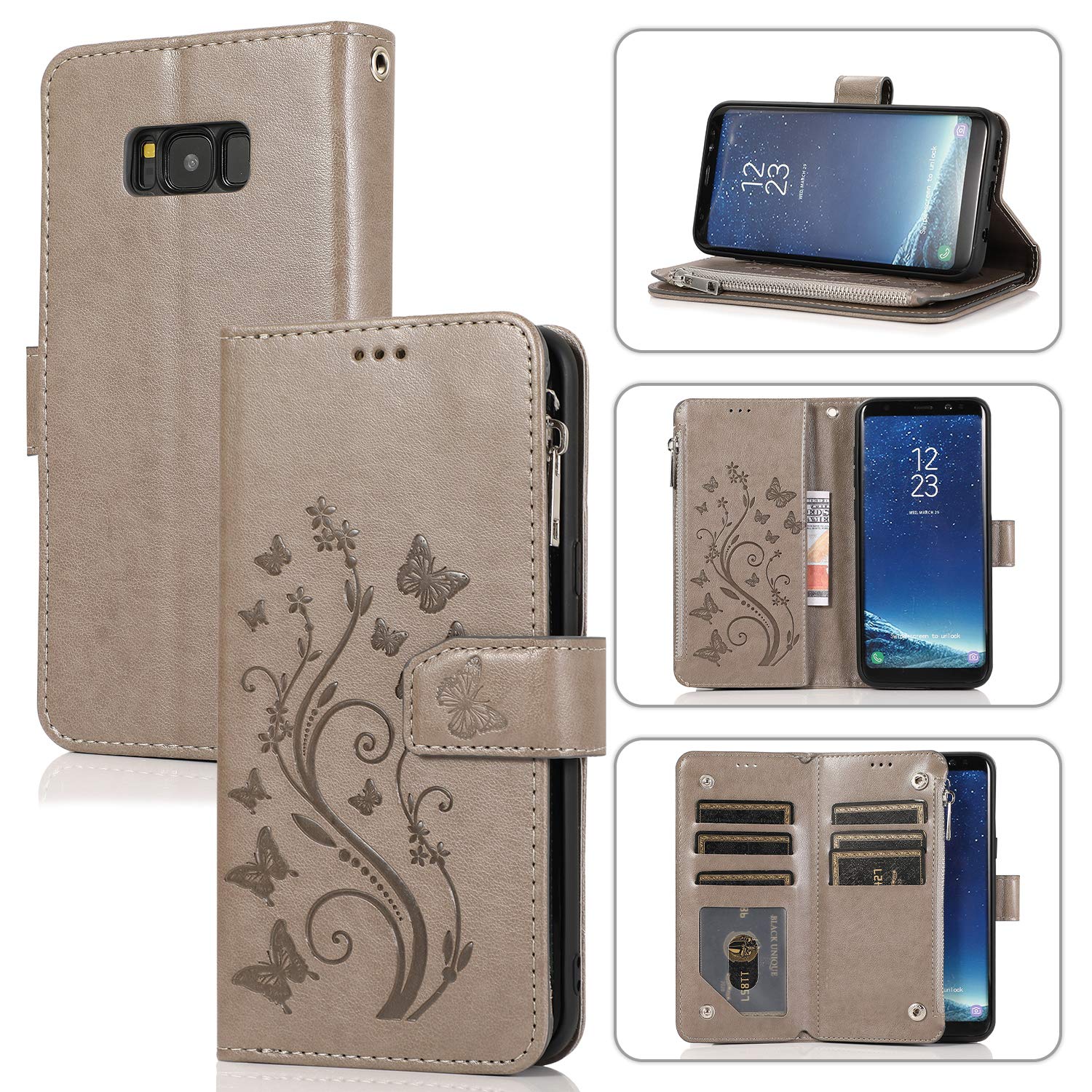 UEEBAI Wallet Case for Samsung Galaxy S8, Premium PU Leather Magnetic Closure Flower Pattern Handbag Zipper Pocket Case Kickstand Card Holder Slots Shockproof Flip Cover for Galaxy S8 - Grey