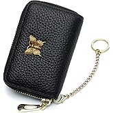 imeetu RFID Credit Card Holder for Women Genuine Leather Card Case Wallet with Zipper and Removable Keychain (Black)