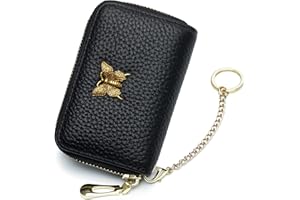 imeetu RFID Credit Card Holder for Women Genuine Leather Card Case Wallet with Zipper and Removable Keychain (Black)