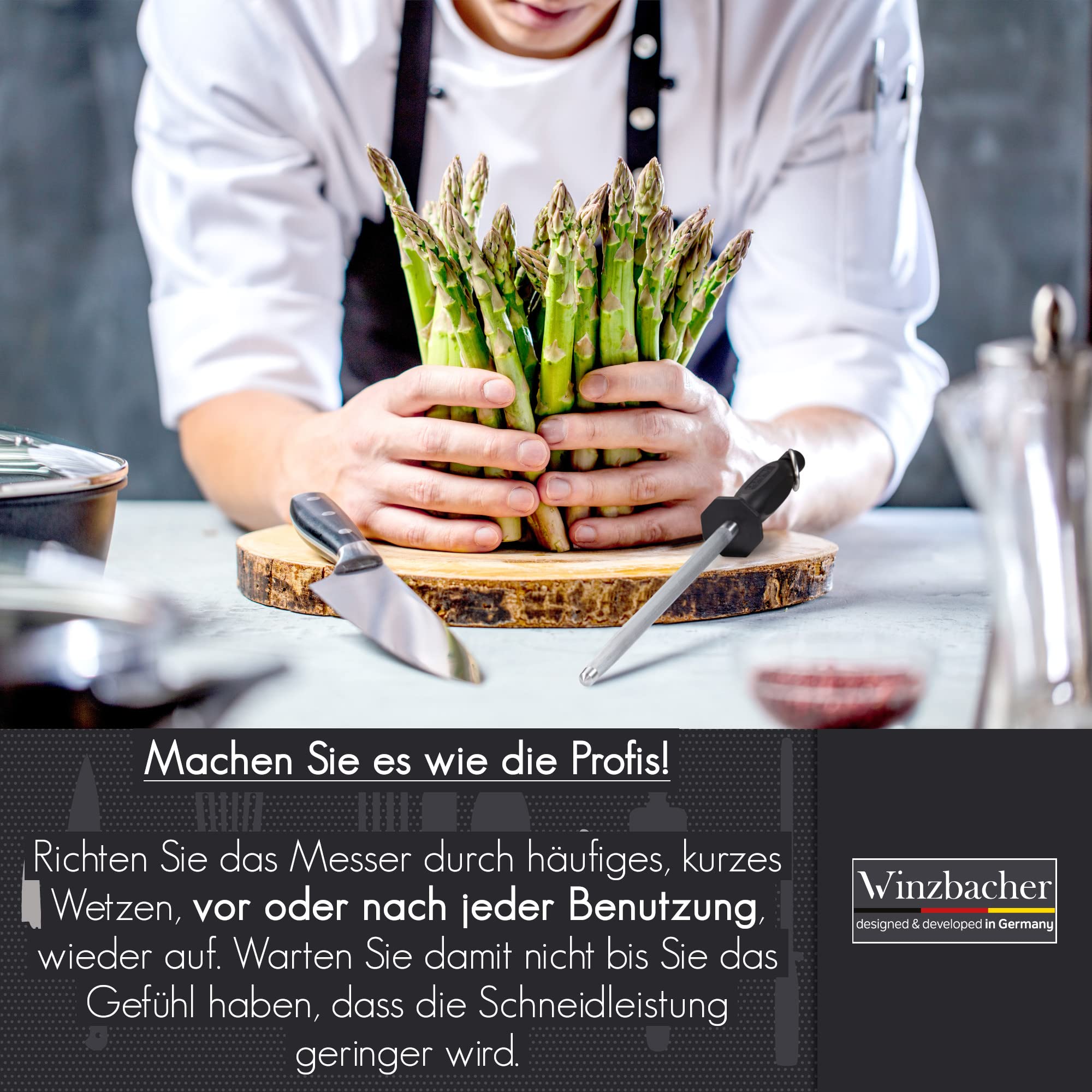 Winzbacher Wetzstahl [39cm] Profi Messerschärfer – aus gehärtetem Spezialstahl | Messerschaerfer Messerschleifer | ergonomisch geformter Soft-Touch Griff mit Fingerschutz 6
