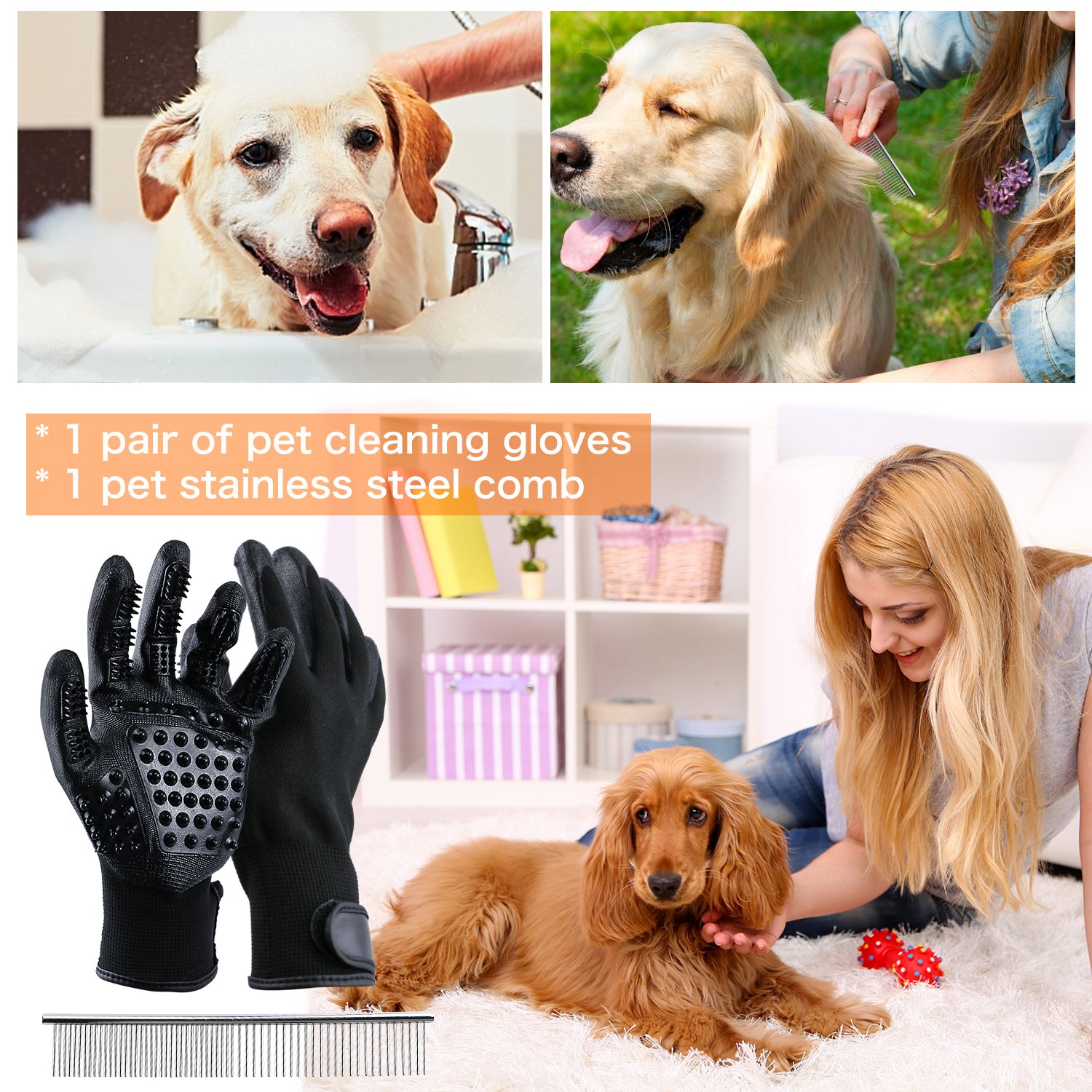 Guantes Masaje para Mascotas con Peine de acero, Mejorado Diseño de 5 Dedos Limpieza de Mascotas , Pet Grooming Gloves Funciona con Cabello Largo y Corto para Mascotas con Pelo Largo y Corto,perros, gatos, conejo,caballos