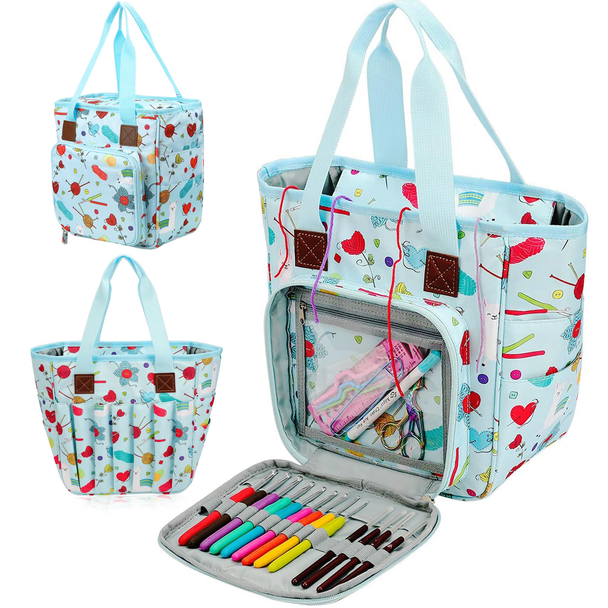 JOZEA Crochet Projects Tote Bag, Cartoon Basket Yarn Organizer for Knitting Hooks, Needles,Yarns and Other Accessories — image 1