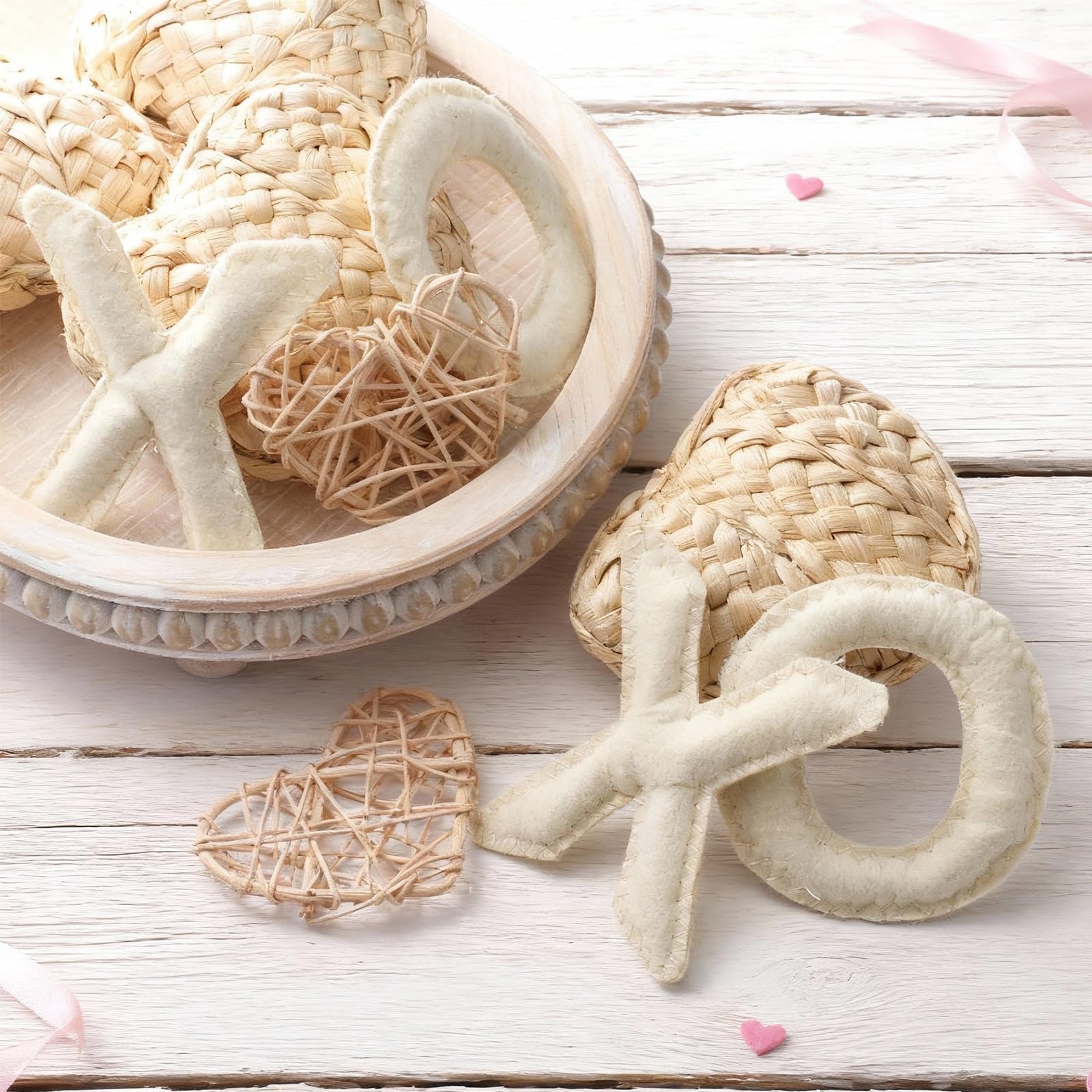 Photo 1 of 10 Pcs Neutral Valentine's Day Rattan Heart Bowl Vase Fillers Decor Set White Boho Rustic Woven Corn Husk Felted Stitched Letters DIY Craft Farmhouse Tiered Tray Party Table Decor for Home Living Room