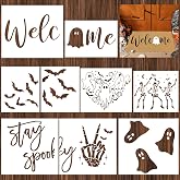 Frienda 9 Pcs Large Halloween Stencils for Painting on Wood | Reusable Ghost, Skeleton, Bat, Welcome Templates, DIY Halloween Stencils for Door Mat, Holiday Crafts Project