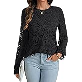 Rooscier Women's Floral Lace Sheer Crew Neck Flounce Long Sleeve Double Line Blouse Tops