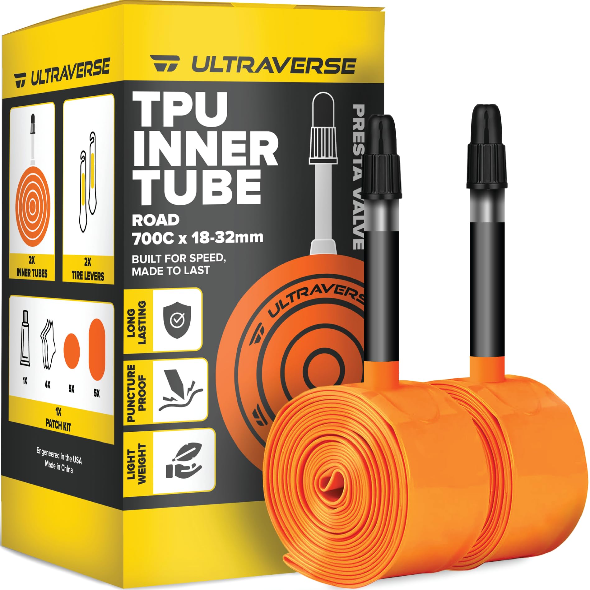 Photo 1 of Ultraverse TPU Road Bike Inner Tube 700 x 18-32 with 45mm Presta Valves Ultra Lightweight Tubes for Road and Gravel Bicycles - 2 Pack with Repair Patch Kit