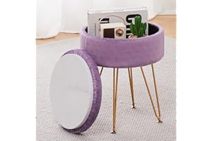 Cpintltr Footrest Footstools Round Velvet Ottoman with Storage Space Soft Vanity Chair with Memory Foam Seat Small Side Table Hallway Step Stool 4 Gold Metal Legs with Swivel Leveling Feet Purple