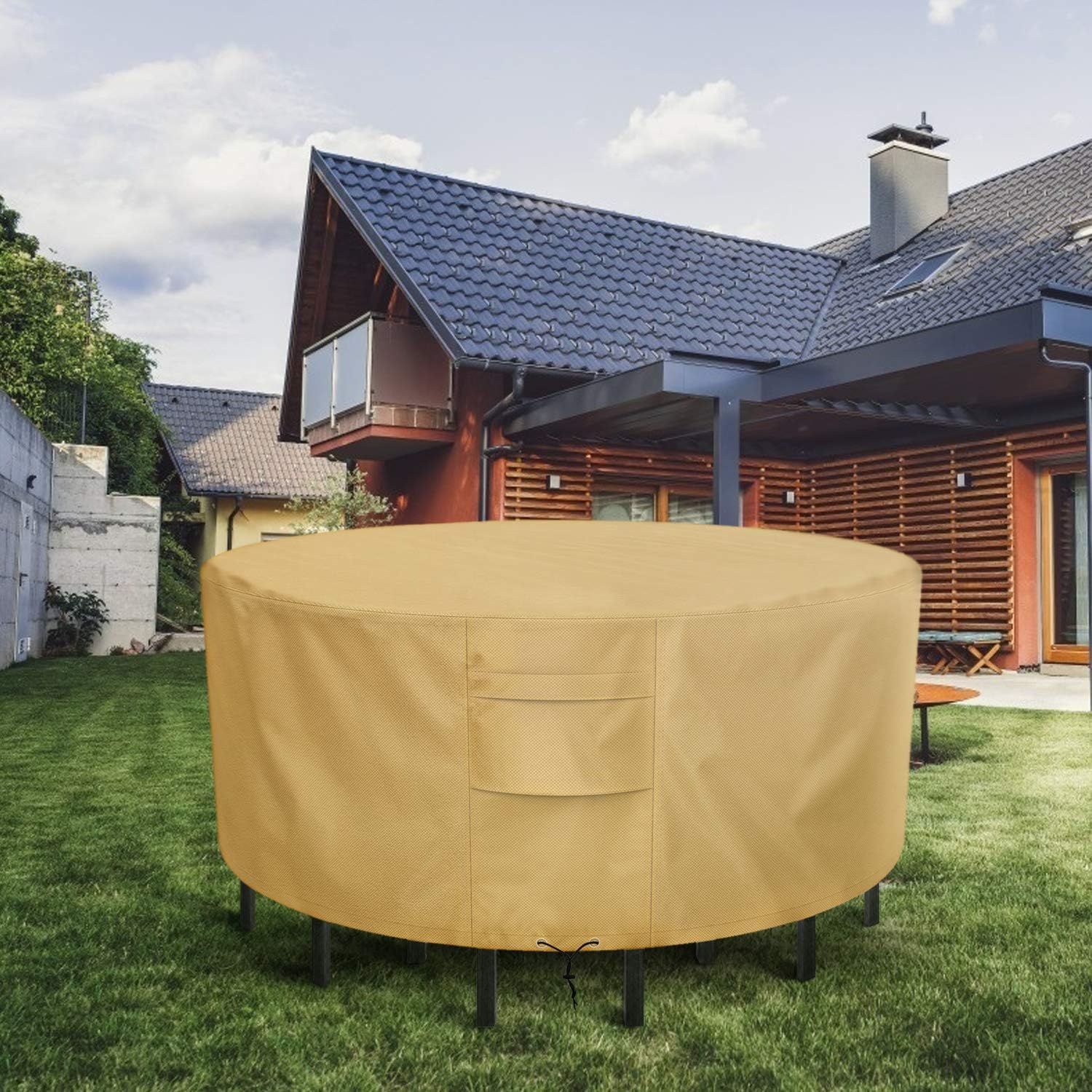 Sunkorto Round Patio Table & Chair Set Cover, Waterproof & Wear-Resistant Patio Furniture Cover, 94 inch Diameter, Light Brown: Kitchen & Dining