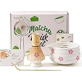 YumiPLUS 5pcs Premium Matcha Set,Ceramic Bowl with Spout and Bamboo Whisk set, Cherry Blossom Matcha Kit for breakfast/latte,Tea Starter Making Kit,Cute Matcha Gift set (sakura)