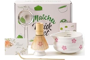 YumiPLUS 5pcs Premium Matcha Set,Ceramic Bowl with Spout and Bamboo Whisk set, Ceremonical Matcha Kit for breakfast/latte,Tea Starter Making Kit,Unique Matcha Gift set (sakura)
