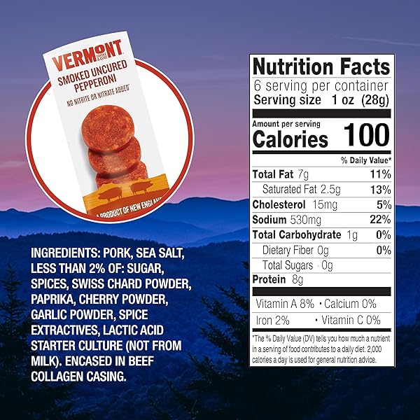 VERMONT SMOKE & CURE – UNCURED SMOKED PEPPERONI – NO ANTIBIOTICS OR ADDED HORMONES, PERFECT FOR PIZZA OR CHARCUTERIE BOARD – 6OZ