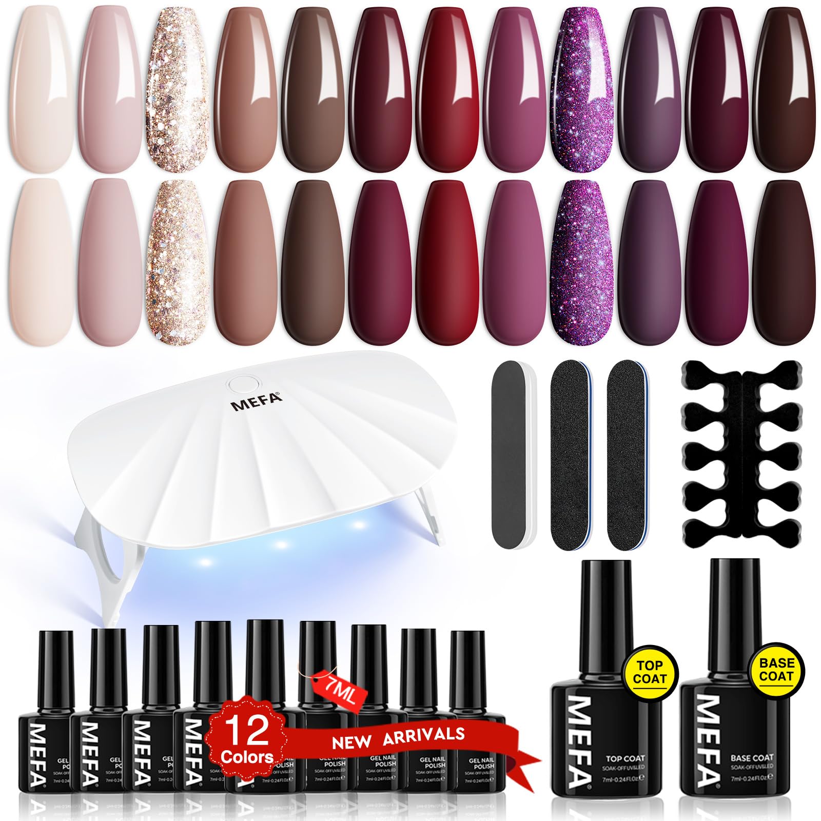 MEFA 19 Pcs Gel Nail Polish Kit with U V Light, 12 Colors Fall Gel Nail Polish Set Burgundy Red Champagne Gold Glitter Soak Off Purple Manicure Tools Beginners Salon Art Nails Art DIY for Women