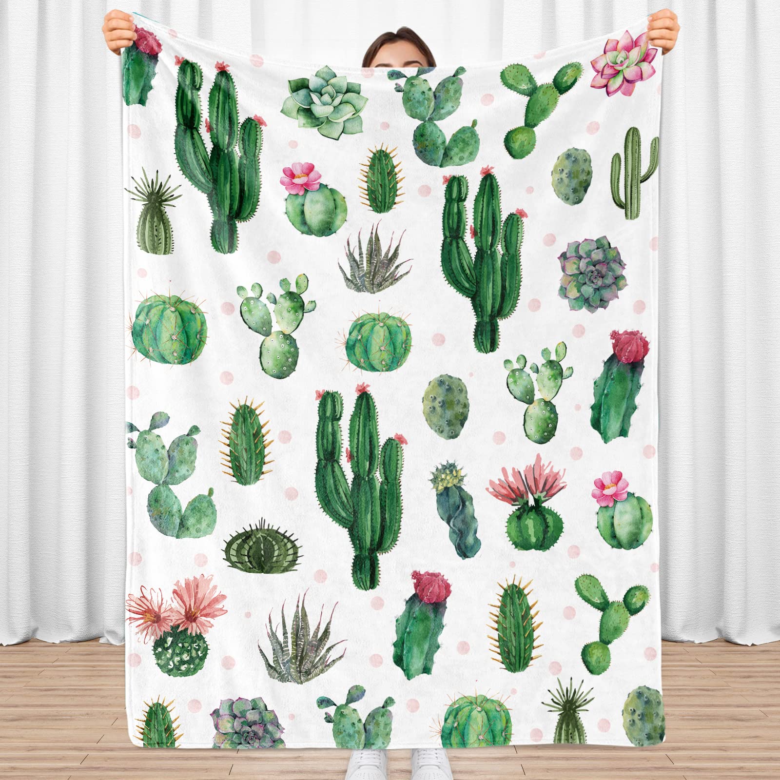 Sowide Cactus Blanket, Green Plant Throw, Warm Soft Lightweight Fuzzy Decor Blankets, White Flannel Cozy Plush for Kids Baby Adults, Bed, Couch, Home, Living Room, Office, 40''x50'', 102x127cm