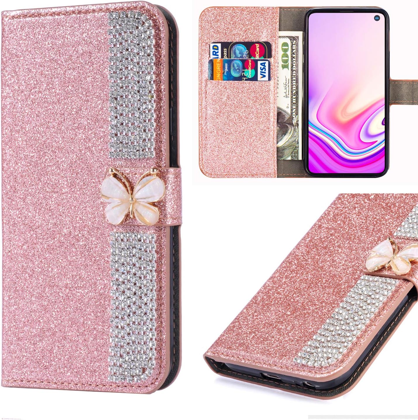 Flip Wallet Case for Samsung Galaxy S10+ Rose Gold Glitter Cool Cute 3D Butterfly & Chain Diamond Buckle Bling Leather Stand Function Flip Kickstand Magnetic Book Wallet Cases for Samsung Galaxy S10+