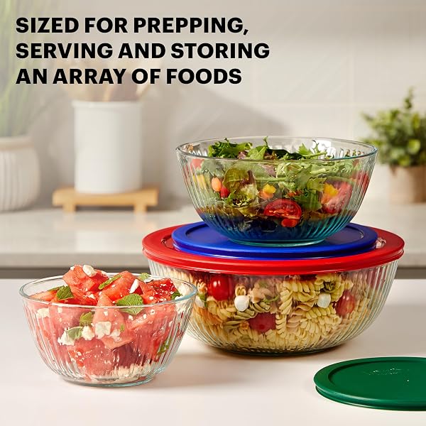 PYREX SCULPTED (3-PACK) GLASS MIXING BOWLS SET WITH PLASTIC LIDS FOR PREPPING, BAKING AND COOKING, PREHEATED OVEN, DISHWASHER, FREEZER, AND MICROWAVE SAFE