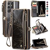 Defencase Compatible with Samsung Galaxy S22 Ultra Case Wallet with RFID Blocking Card Holder for Women Men, PU Leather Magnetic Snap Flip Zipper Strap Phone Case Fit for Galaxy S22 Ultra 5G, Coffee