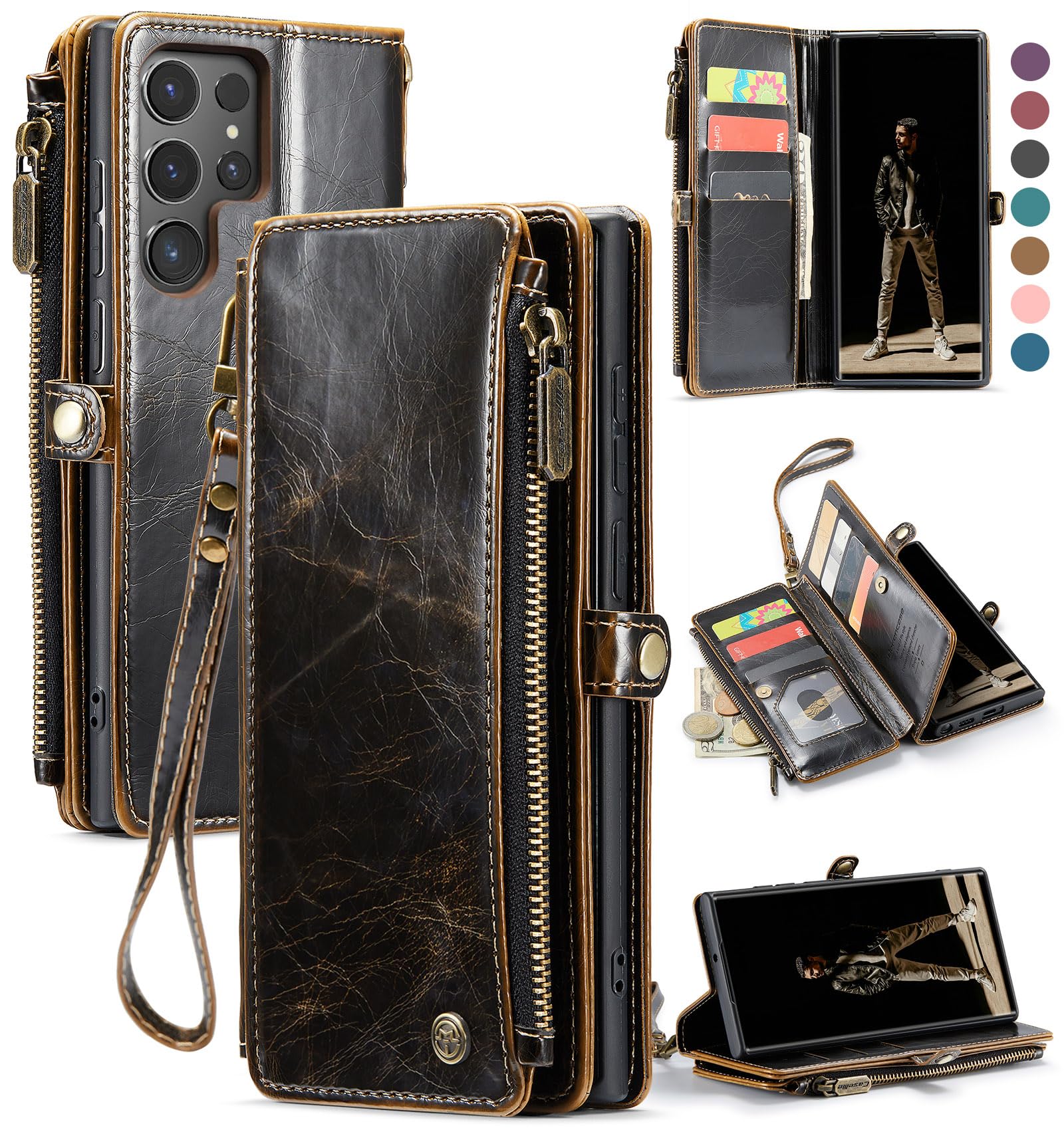 Photo 1 of Defencase Compatible with Samsung Galaxy S22 Ultra Case Wallet with RFID Blocking Card Holder for Women Men, PU Leather Magnetic Snap Flip Zipper Strap Phone Case Fit for Galaxy S22 Ultra 5G, Coffee