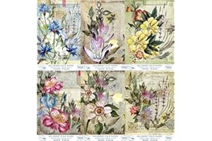 USNYABNI Floral Postcard Rice Paper, 8 x 10.5 inch - 6 x Different Printed Mulberry Paper Images 30gsm Visible Fibres for Decoupage Crafts Mixed Media Collage Art