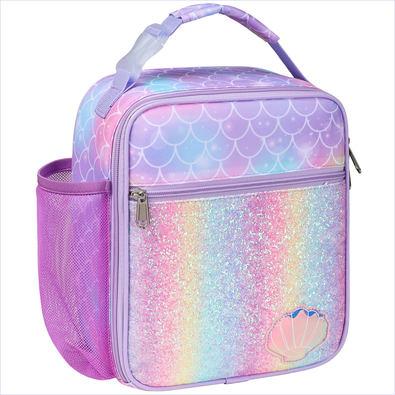 Bagseri Lunch Bag for Girls - Insulated School Lunch Box with Bottle Holder, Portable Reusable Thermal Cooler Tote for Nursery, 6L Capacity, Glitter Purple Mermaid Scale