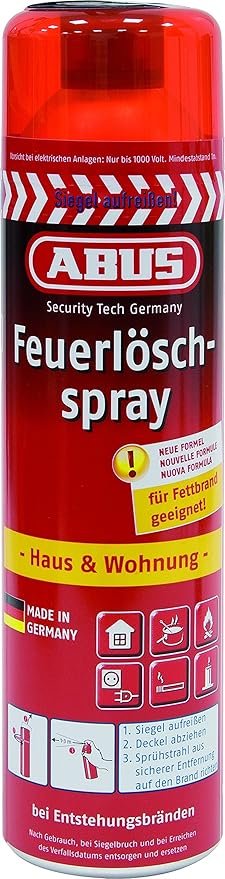 ABUS Feuerlöschspray FLS580 für den Haushalt | Schaum-Spraydose | 4 Meter Sprühweite | Brandklassen A - B - F | 58824