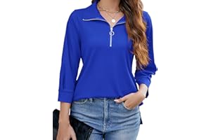 Bluetime 3/4 Sleeve Womens Tops Loose Fit Dressy Casual Tunic Blouses Zipper Collared Work Shirts (M-3XL)