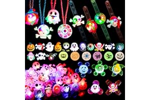 CATNEE Halloween Party Favors for Kids - 57 PCS Halloween Decorations LED Flash Rings Light Up Necklaces Halloween Toys, Glow in the Dark Halloween Party Supplies, Halloween Gifts/Halloween Treats for Kids
