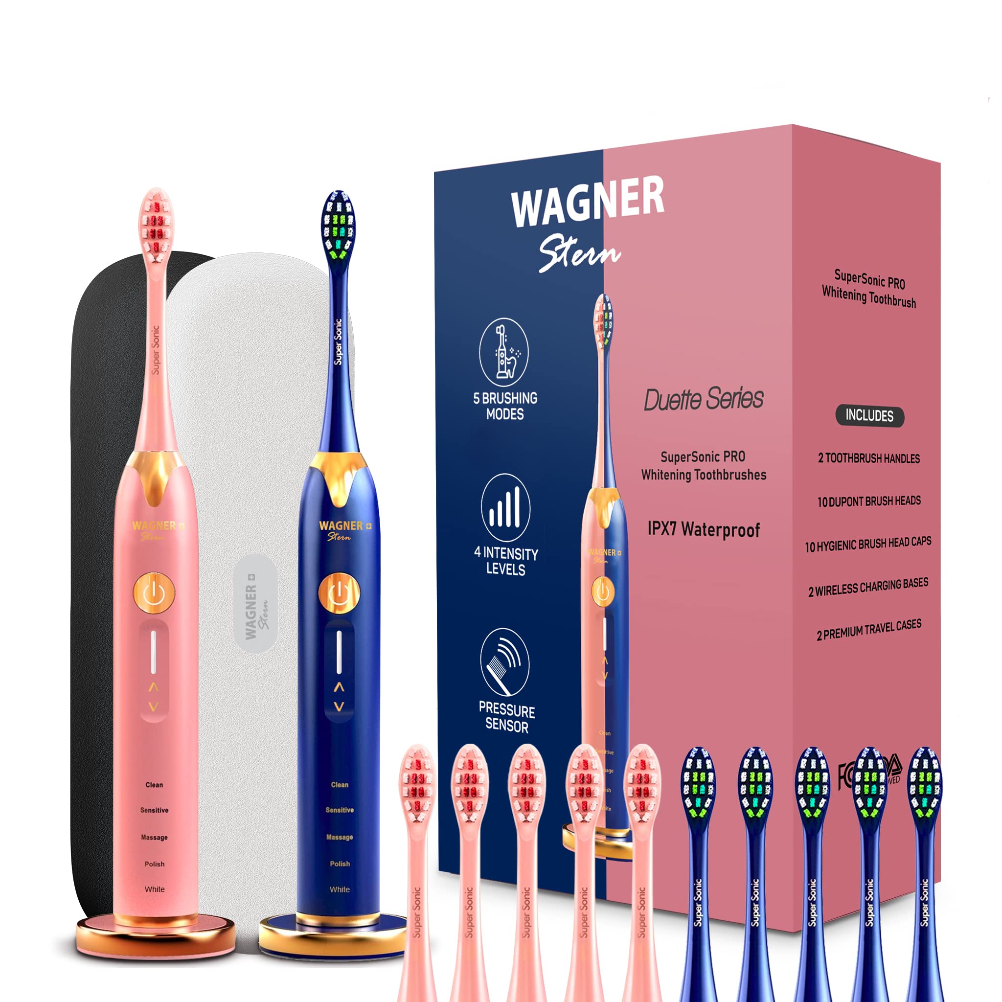 Wagner & Stern. Duette Series. 2 Electric toothbrushes with Pressure Sensor. 5 Brushing Modes and 4 Intensity Levels, 10 Dupont Bristles, 2 Premium Travel Cases.